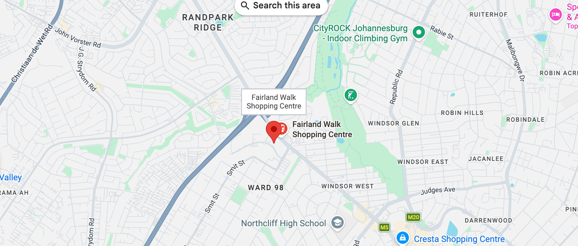 Map showing Fairland Walk Shopping Centre in Northcliff, Johannesburg