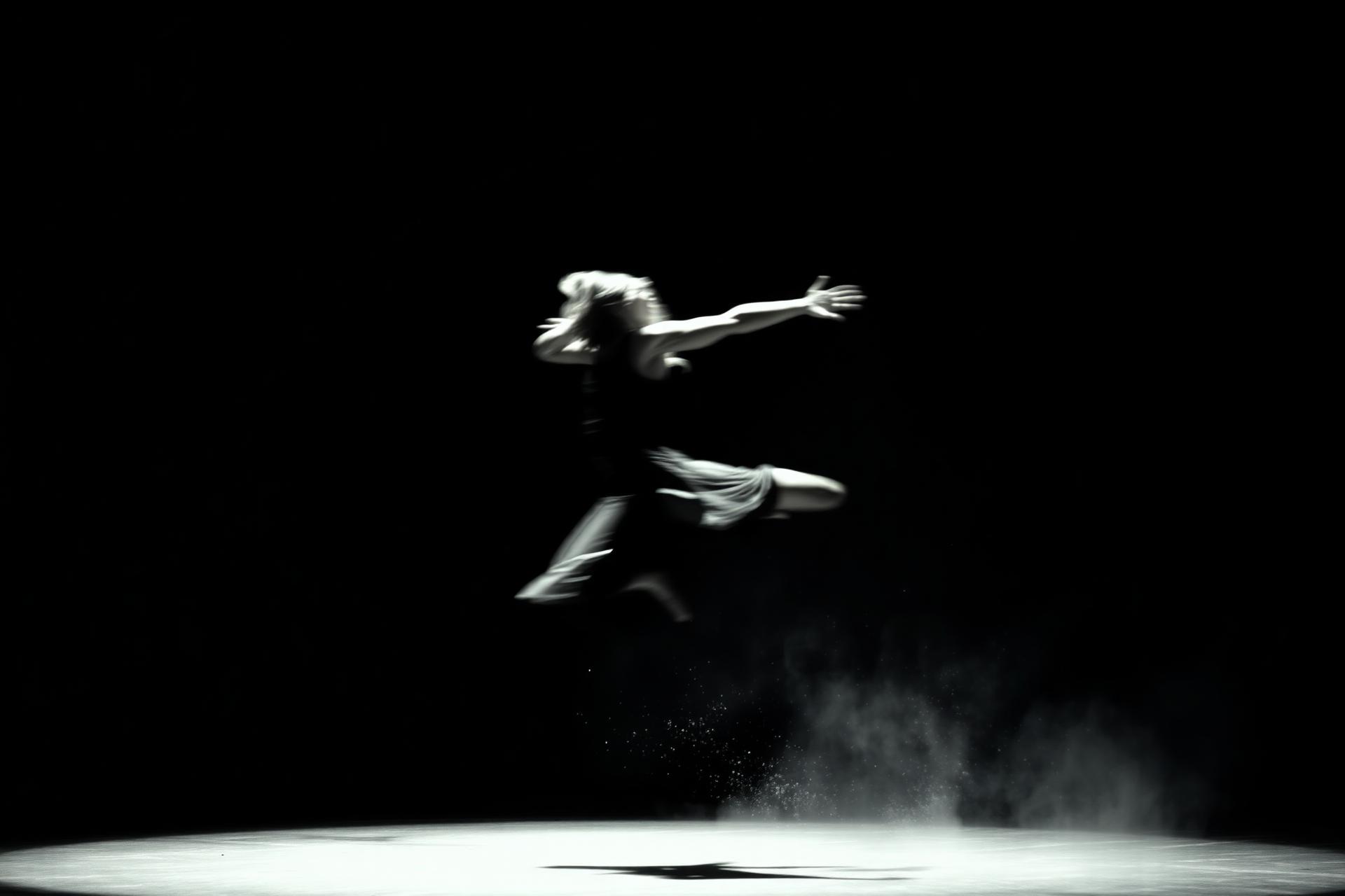 Solo contemporary dancer mid-leap on a darkened stage