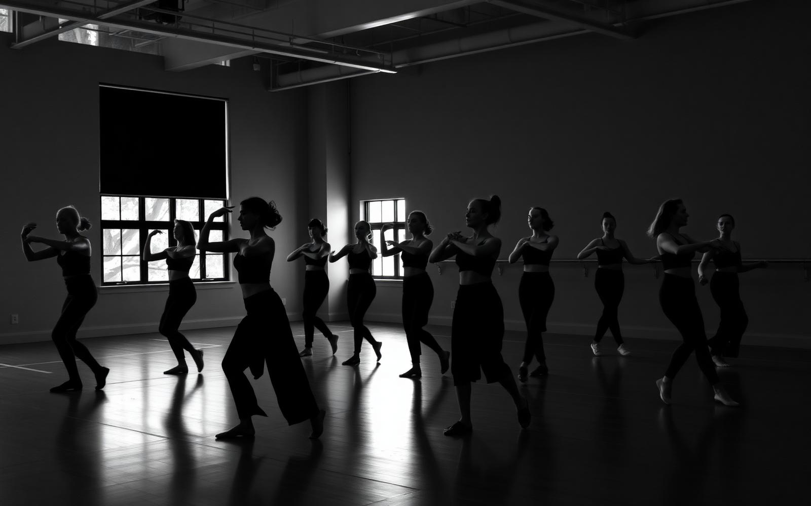 Dancers in silhouette rehearsing in studio